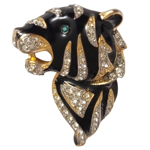 Craft Black Enamel Clear Rhinestone Cat Tiger Brooch Pin Signed E43